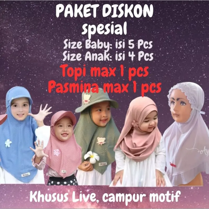 Paket Hemat Jilbab Anak dan Baby Bebas pilih warna dan model