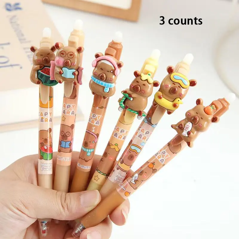 Random Color Cute Capybara Design Erasable Pen (3 Counts), Retractable 0.5mm Erasable Ink Pen, Lightweight Comfortable to Hold Writing Tool for School & Office