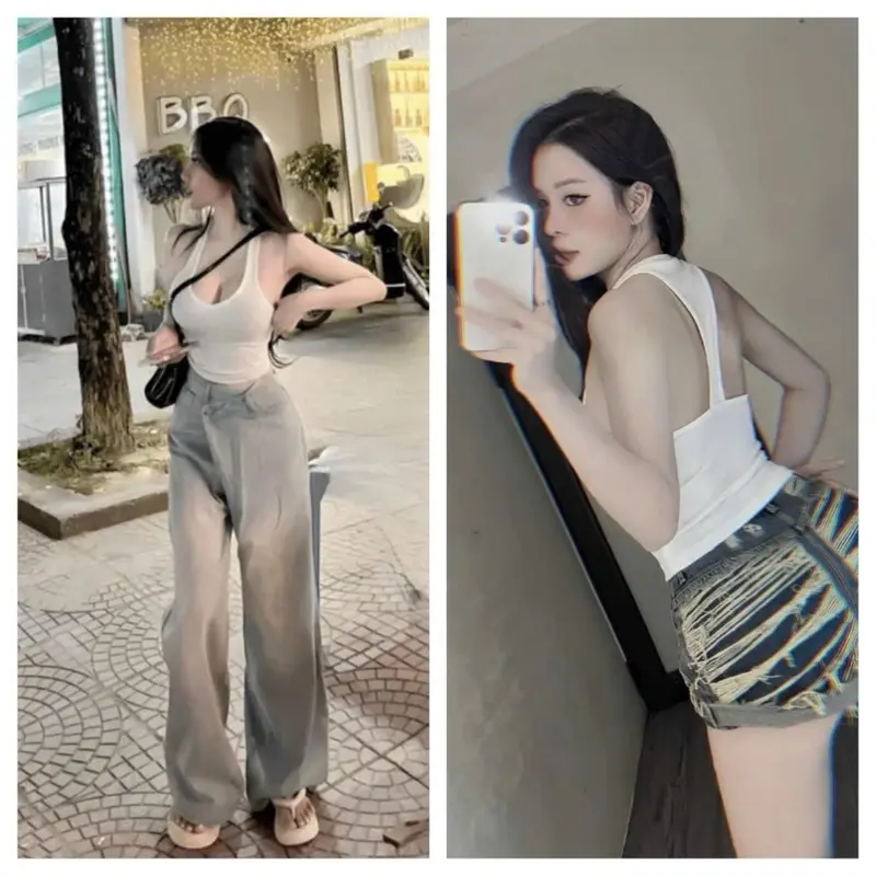 Áo ba lỗ nữ hở lưng cá tính . Áo ba lỗ cổ tim thun gân Top Women Jean Voan Voi Đen Áo thun 0