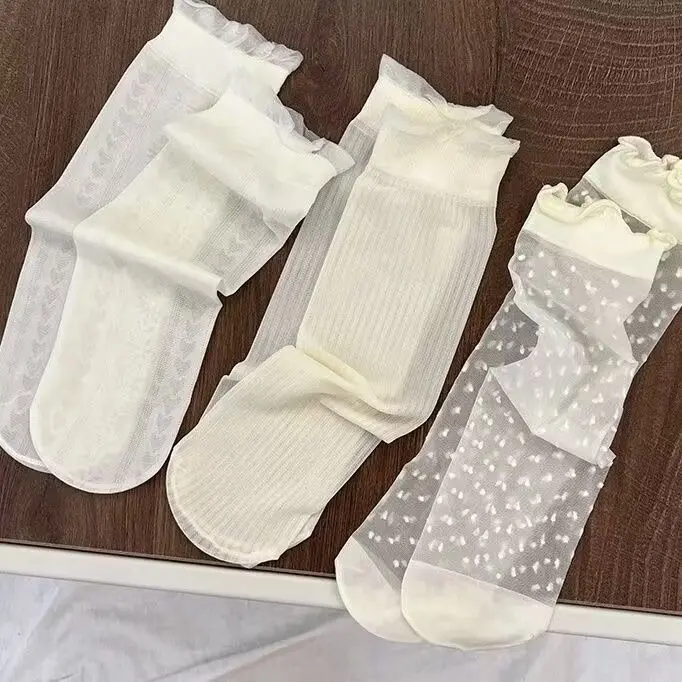 Tất cổ cao nữ phối bèo trong siêu mỏng màu kem be tất thoáng khí TAT01