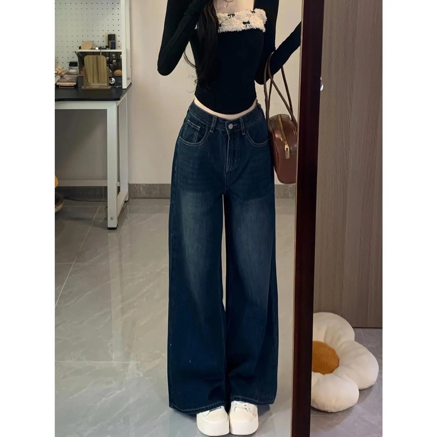 Small American Retro Wide Leg Jeans for Women High Waist Loose and Slimming Smooth Straight-Leg Trousers Mop Pants