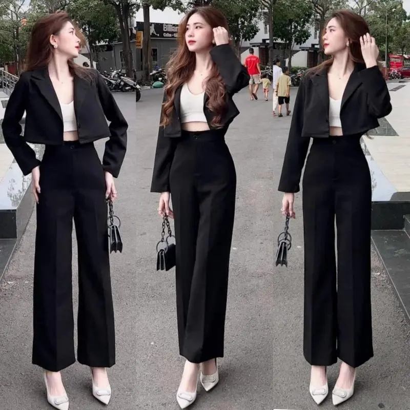 Quần ống rộng nữ cạp cao đi học làm chơi du lịch biển dáng dài quần tây ống rộng nữ lưng cao 1 khuy vải đen dày đáy cao Ong Women