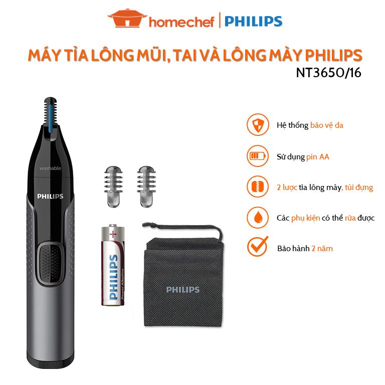 Máy tỉa lông mũi, tai và lông mày Philips NT3650/16, an toàn cho da, bảo hành 2 năm