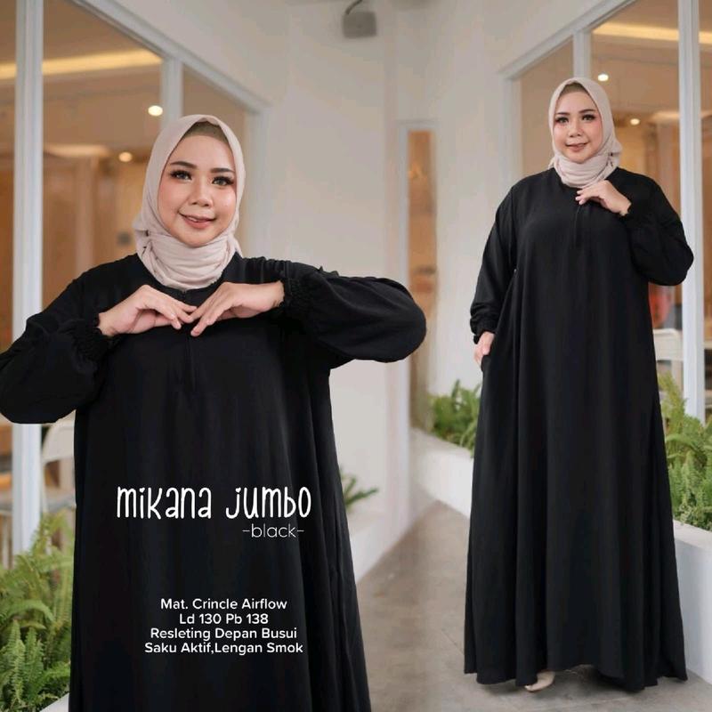 Gamis Mikana Jumbo Bahan Crinkle Airflow LD 130 PB 140 Busui Saku Aktif Lengan Smok Muat Bb 100 Kg Lembut Dingin 0