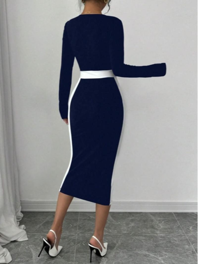 Product Introduction of Women's Colorblock Print Bodycon Dress, Elegant Long Sleeve Midi Dress for Party Holiday Wedding Guest, Ladies All Seasons Clothes 5
