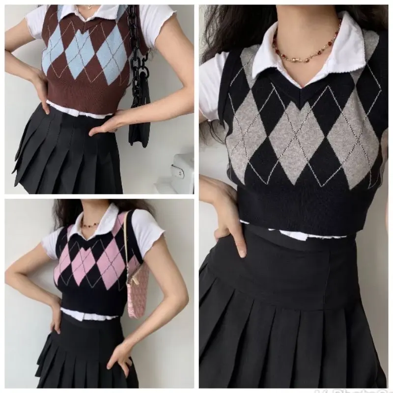 Rompi Rajut Viral Retro Rompi Rajutan V-Neck Kotak-Kotak Bahan Rajut Knit Wanita - BISA COD