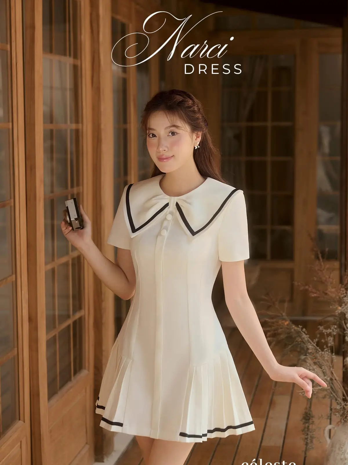 CÉLESTE -  Váy Nữ cổ nơ Narci Dress chất liệu vải thô chéo, có lớp lót mềm
