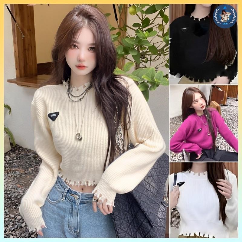 [A239] Áo len thun Montoghi hàng dệt kim CROPTOP nữ logo TAM GIÁC phối VIỀN RÁCH tay dài cá tính - L2M ( Nhung Sen Women ) 【 hoa hồng 】