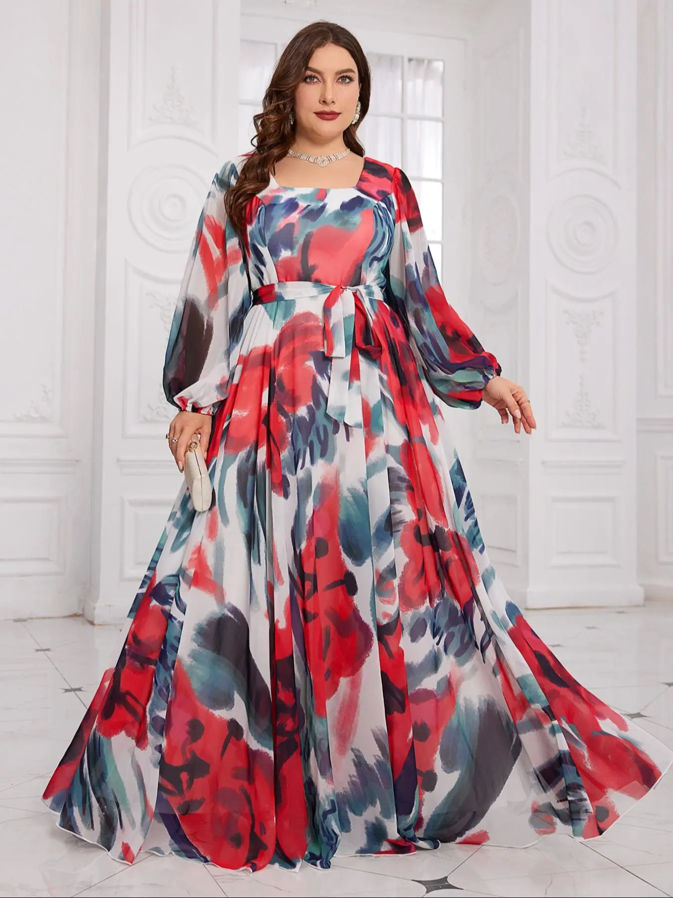 【Plus Size】 All Over Print Chiffon Dress, Elegant Evening Party Gown, Women's Clothes for Spring & Fall, Womenswear