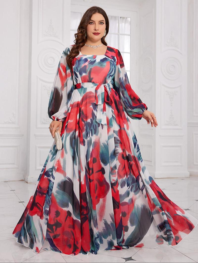 Product Introduction of 【Plus Size】 All Over Print Chiffon Dress, Elegant Evening Party Gown, Women's Clothes for Spring & Fall, Womenswear 1