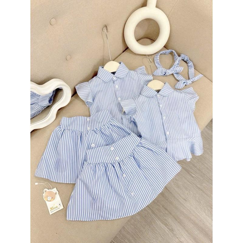 (X11) Set bộ bé gái, Set áo kẻ xanh kèm chân váy thêu ngựa cho bé gái