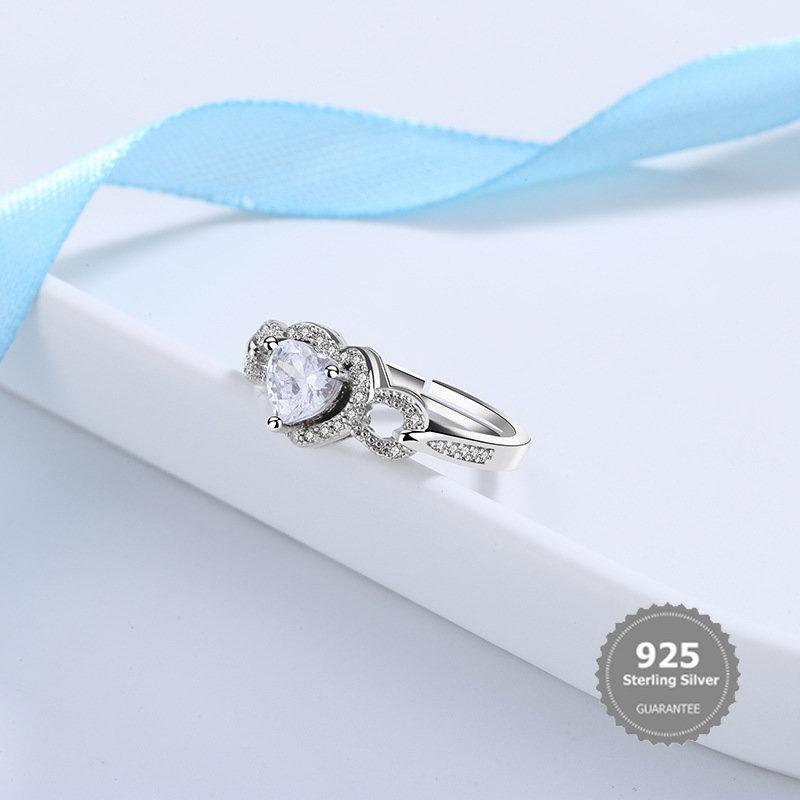 S925 Silver Heart-Shaped Diamond Ring Opening Bilateral Diamond Ring 3