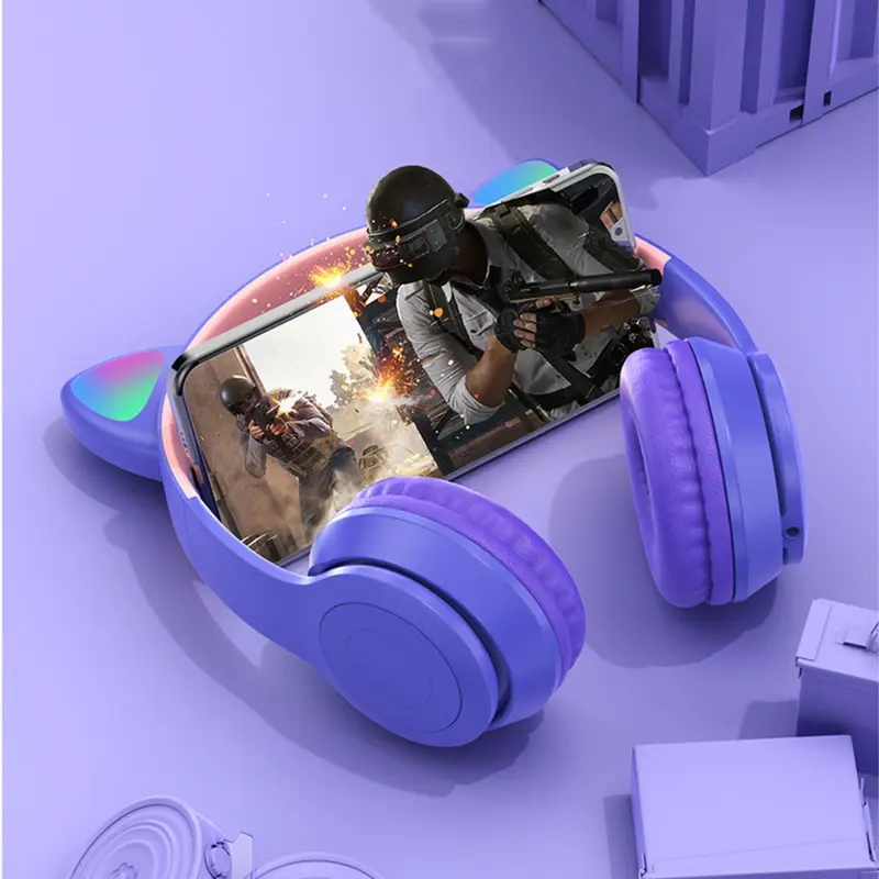 Headphone Headset Bando Bluetooth P47m Rgb Led Cat Earphone Wireless Stereo Bass Headset Gaming Buat Hp Headphone Anak Perempuan Earphones 5