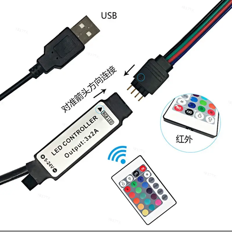 Nguồn sáng dải LED RGB, Bộ điều khiển RF, Kích thước nhỏ, 3 phím, 17 phím, 24 phím, 4 chân đến cổng USB, 5V, YB17VN 5