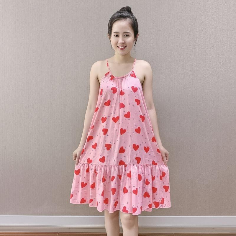 Váy bầu 2 dây dễ thương, chất lanh mềm mát, mặc nhà, mặc ngủ thoải mái cho Nữ Women Dress , có size từ 40-90kg bigsize Đầm Đầm Ngủ Váy Ngủ