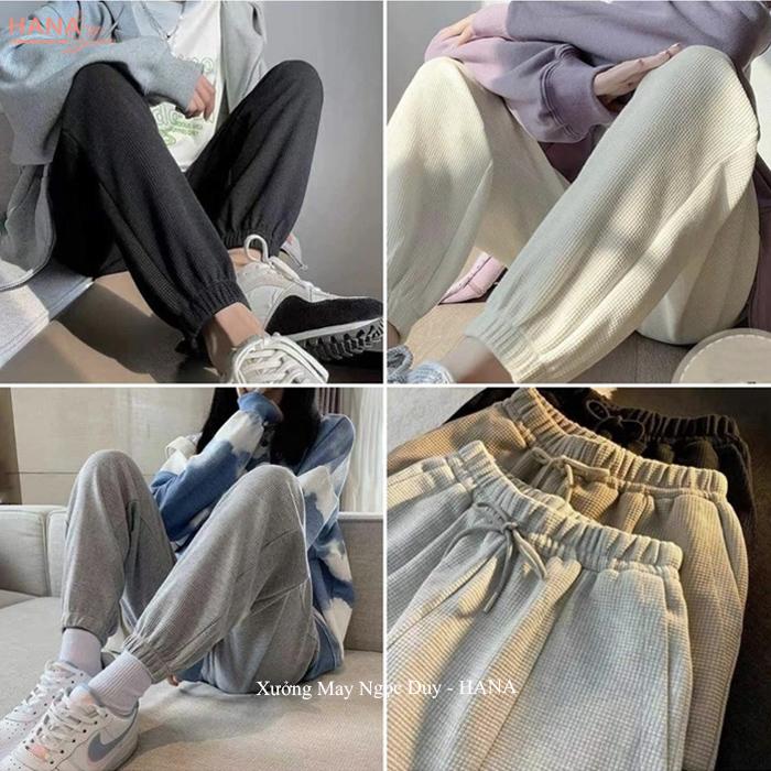 Quần tổ ong nữ bo gấu bigsize có dây rút cạp cao - Quần jogger ống rộng nữ bo gấu lưng cao chất vải nỉ ấm mặc thoải mái