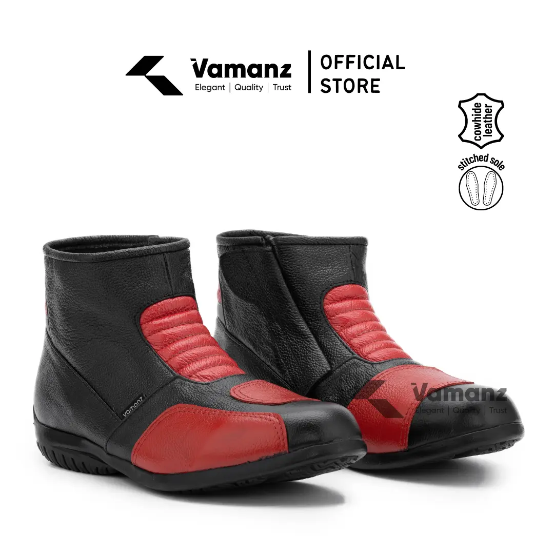 Vamanz Leather Original Cowhide Leather Low Cut Biker Boots Kasut Motor Kulit Merah Hitam