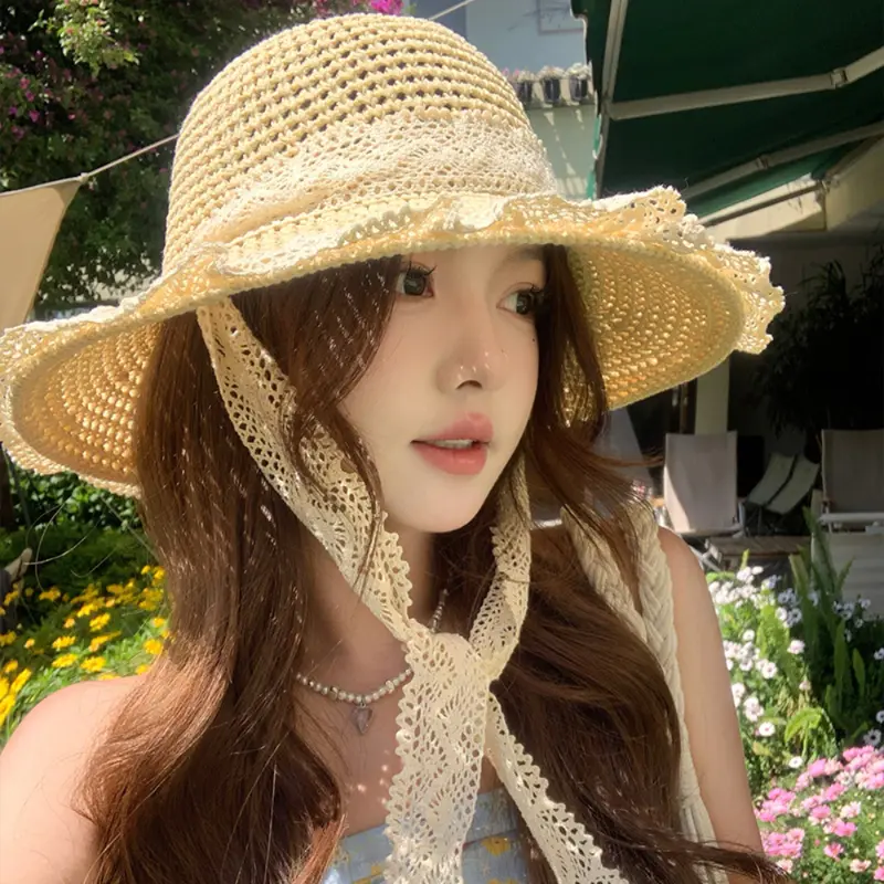 【MIAN】Mũ Cói Đi Biển Rộng Vành Phối Ren Xinh Xắn Cho Nữ Gấp Gọn Tiện Lợi Không Bị Mất Form 0