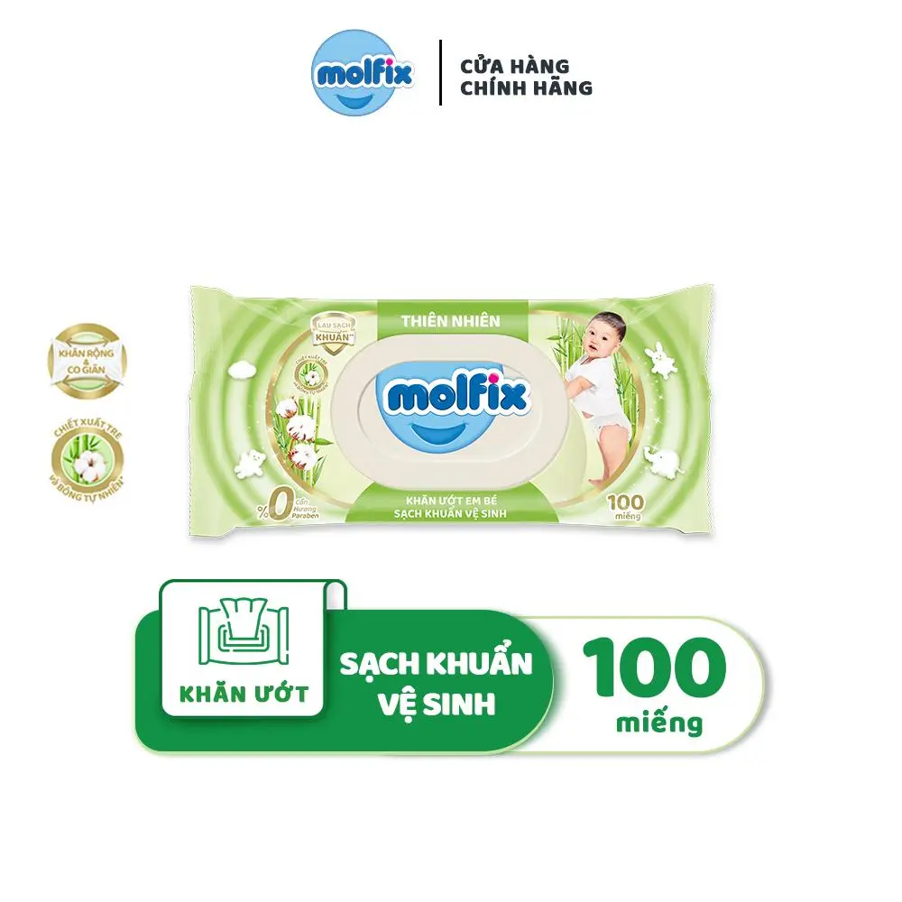 [Bao bì thay đổi theo từng đợt nhập hàng] [Gift] Khăn ướt Molfix Sạch khuẩn vệ sinh - Gói 100 miếng Cho Bé Voi Voi
