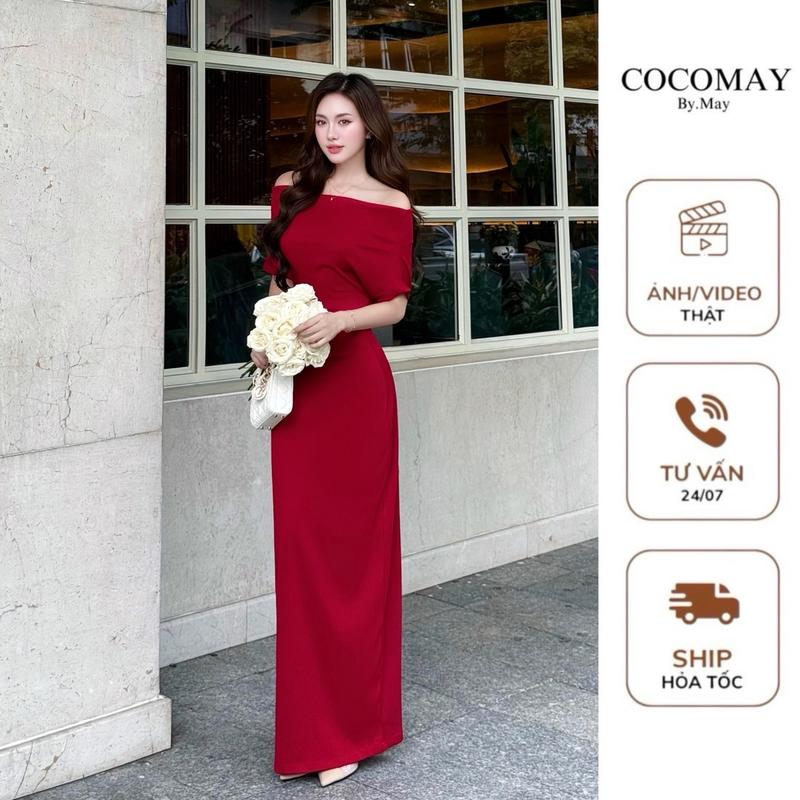 COCOMAY Đầm trể vai maxi trể vai basic dệt tăm gân Dress Nữ Váy Women Đen - Đỏ - Trắng