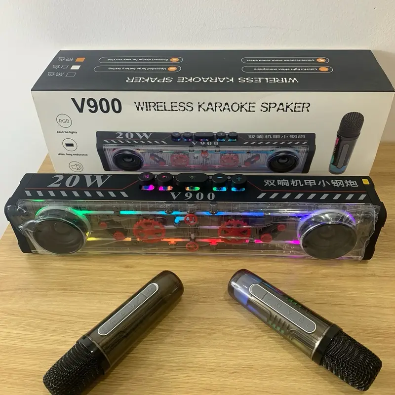 Loa karaoke bluetooth V900,công suất 20w  tặng kèm 2 míc không dây, đèn led cảm ứng theo nhạc Nghe Nhạc Củ Loa 0