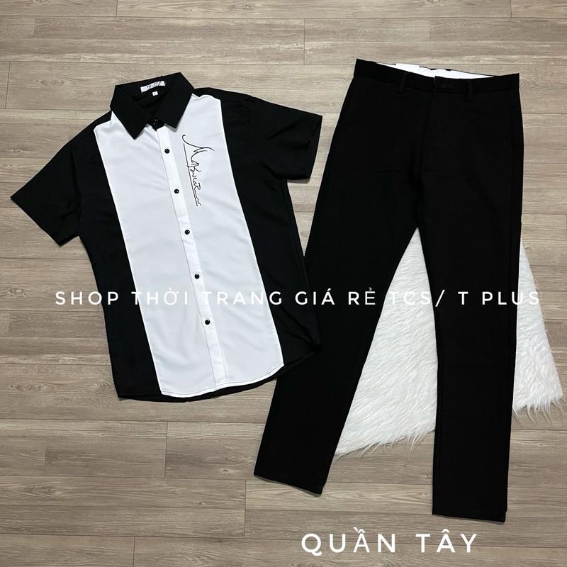 Bộ gồm áo và quần size 40kg-75kg ,quần tây màu đen , vải mềm kết hợp với áo sơ mi ngắn tay thêu chữ, màu đen phối trắng, chất lụa mango dày đẹp, dành cho nam Menswear