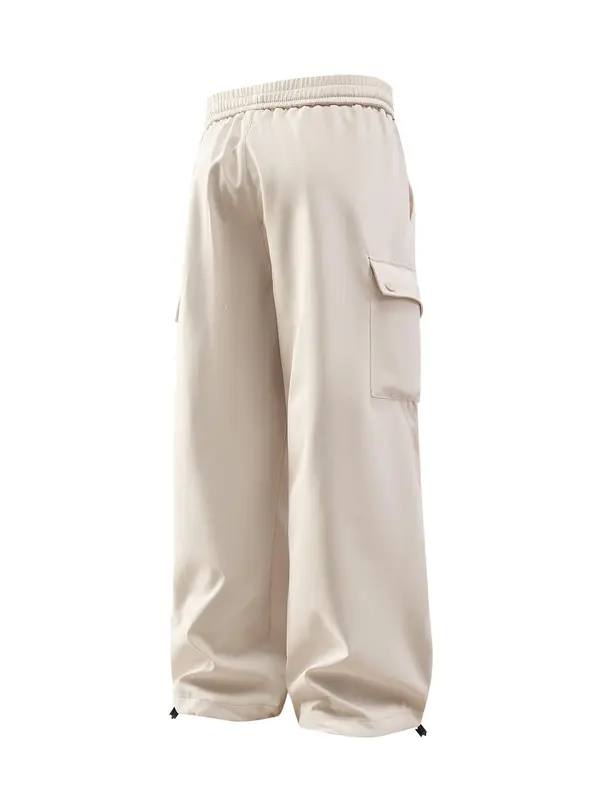 Men's Solid Color Flap Pocket & Slant Pocket Design Drawstring Waist Cargo Pants, Loose Casual Comfortable Windproof Waterproof Wide Leg Trousers with Drawstring Hems for Outdoor Activities, Fashion Men's Bottoms for All Seasons 3