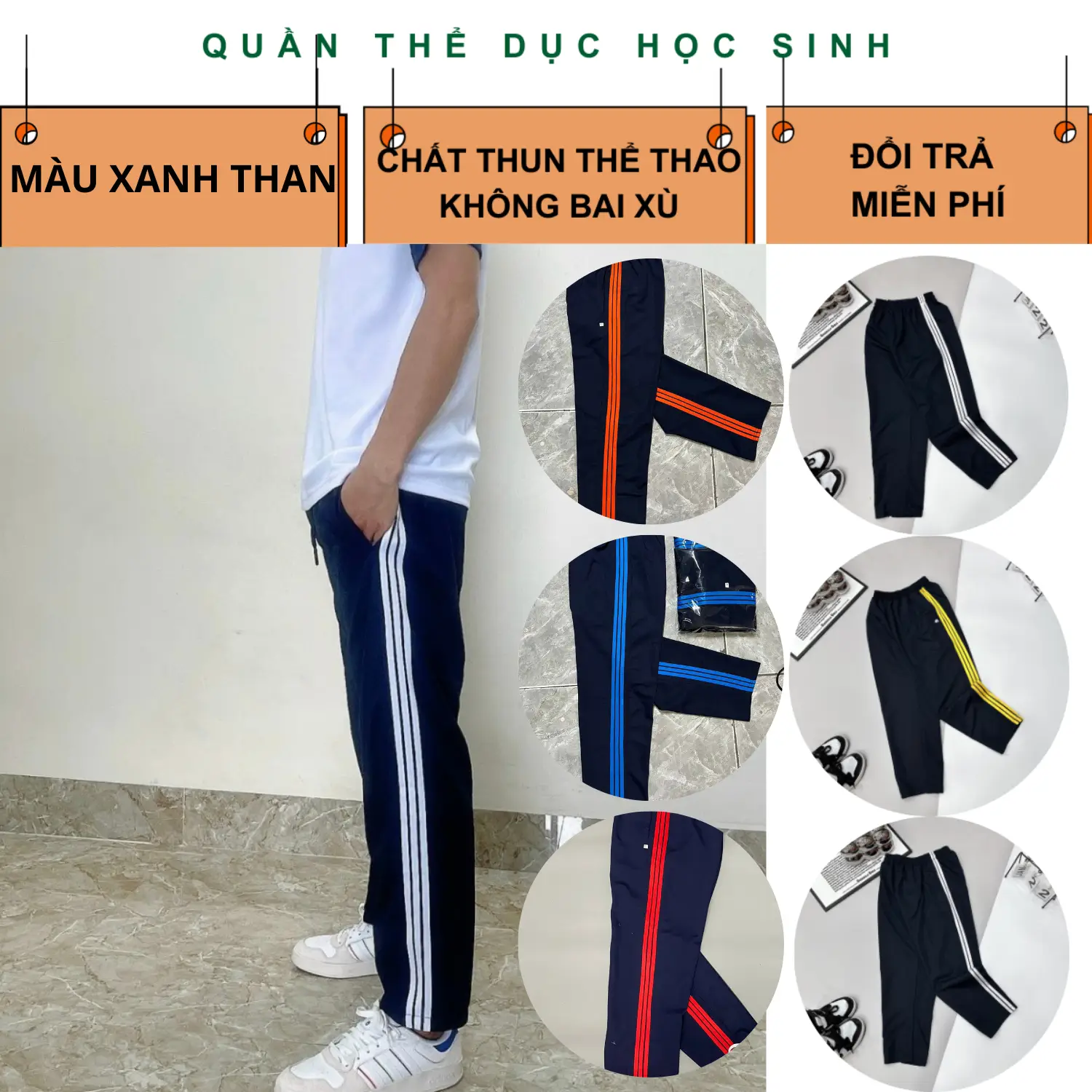 Quần Thể Dục, Thể Thao Học Sinh Tiểu Học, Trung Học, Sinh Viên Nam Nữ 2 Viền, 3 Viền Trắng, Vàng, Cam, Xanh Dương Chất Thun Chéo Màu Tím Than Chuẩn Nhà Trường Sport Trang Phục
