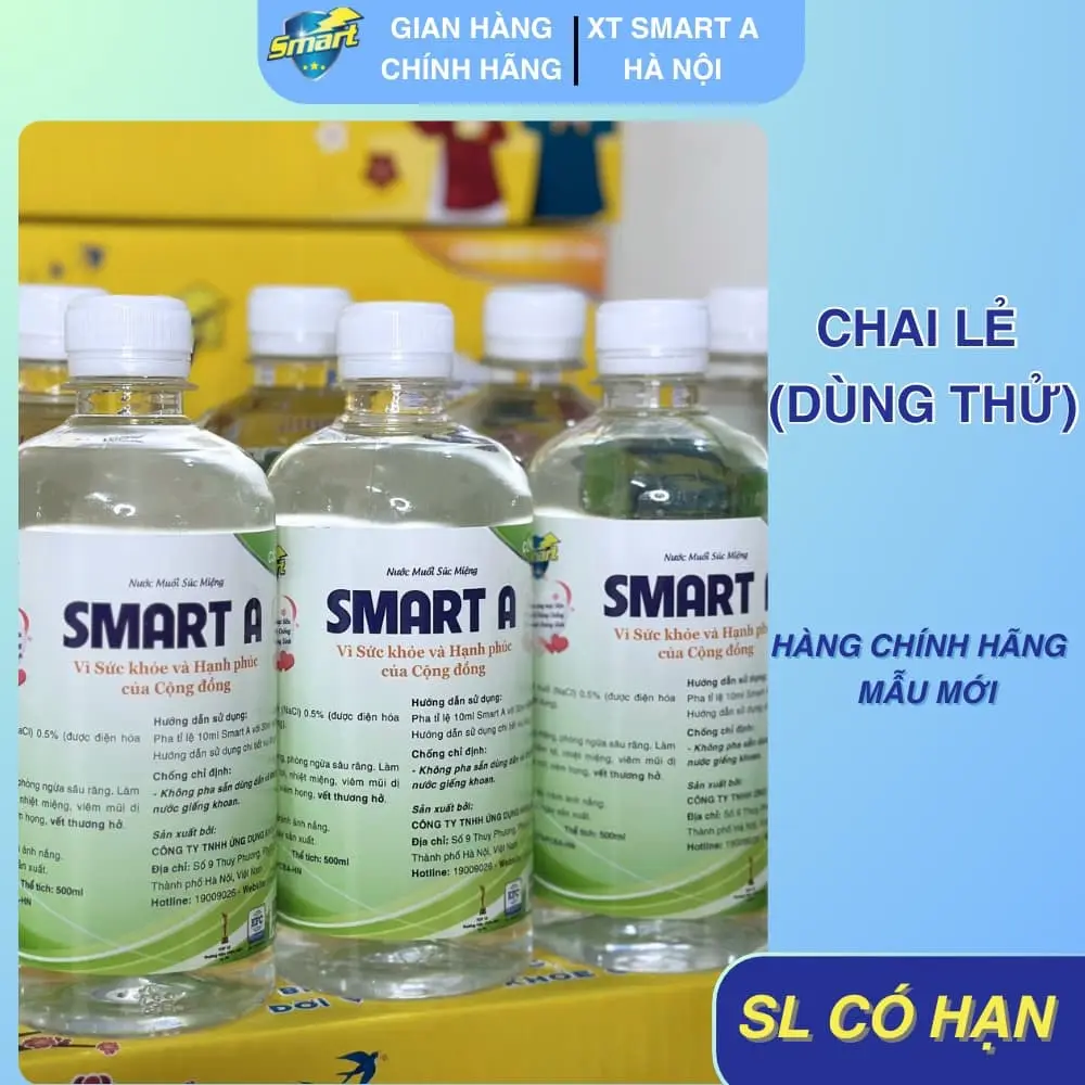 Dung dịch Nước muối Smart A (nước Anotyle) điện phân 0,5% hỗ trợ sát khuẩn, vệ sinh răng miệng 500ml