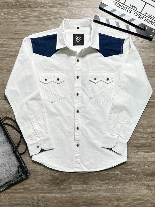 Áo SƠ MI NAM TAY DÀI S3105-S3106-S3107 Màu KEM, TRẮNG, RÊU 2 Túi vai đấp denim Menswear