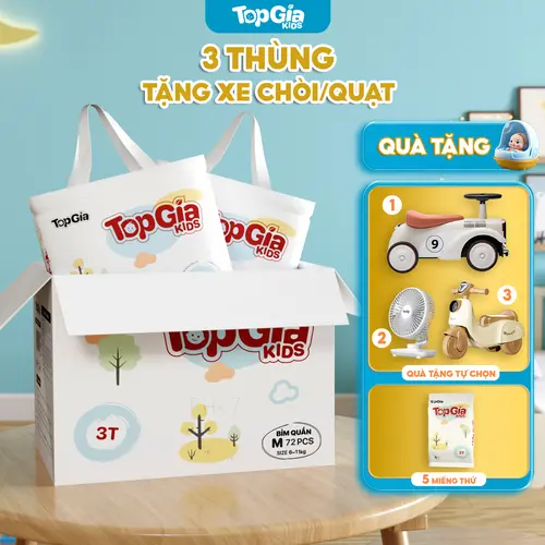 (3 THÙNG TẶNG XE CHÒI CHÂN/QUẠT MINI) 3 Thùng Tã Bỉm Topgiakids pH<7 an toàn cho bé, mềm mại, mỏng nhẹ, chống tràn tối đa, tặng xe chòi chân/Quạt mini và 5 miếng dùng thử (Bỉm)