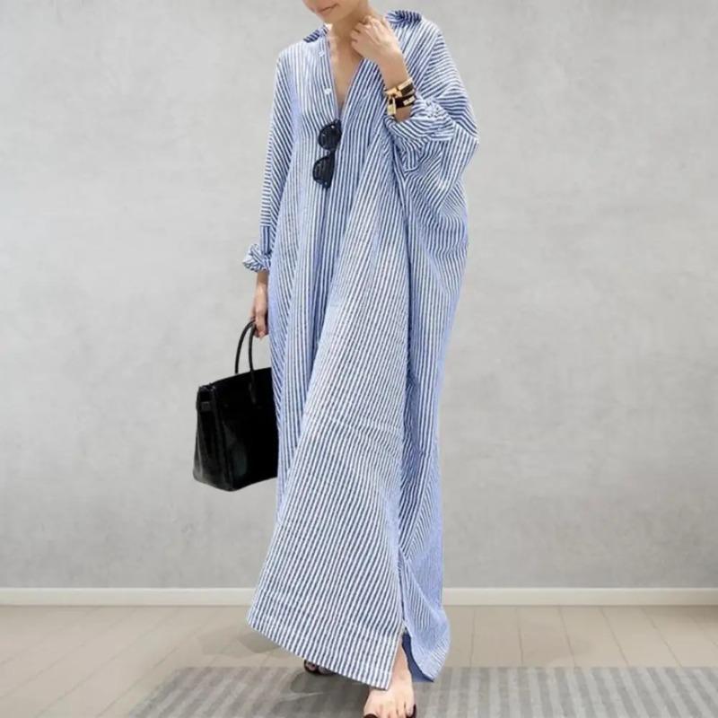 Product Introduction of New Elegant Striped Cardigan Loose Dress Womens Lapel Long Sleeve Long Shirt Dress Ladies Stripe Print Button Up Cardigan Dress 5