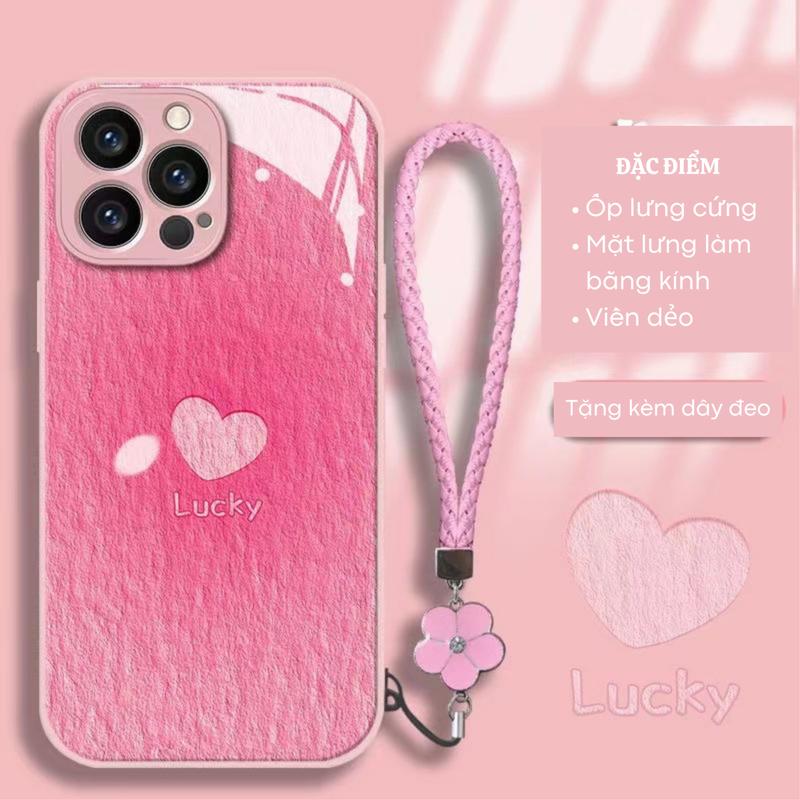 Ốp lưng kính hình trái tim [ Tặng Kèm dây đeo ] chống bẩn, chống ố cho ip X, Xs, XsMax, IP 11, 11ProMax, IP 12, 12ProMax, IP 13, 13ProMax, IP 14, 14Promax, IP 15Promax Kem Phụ Kiện
