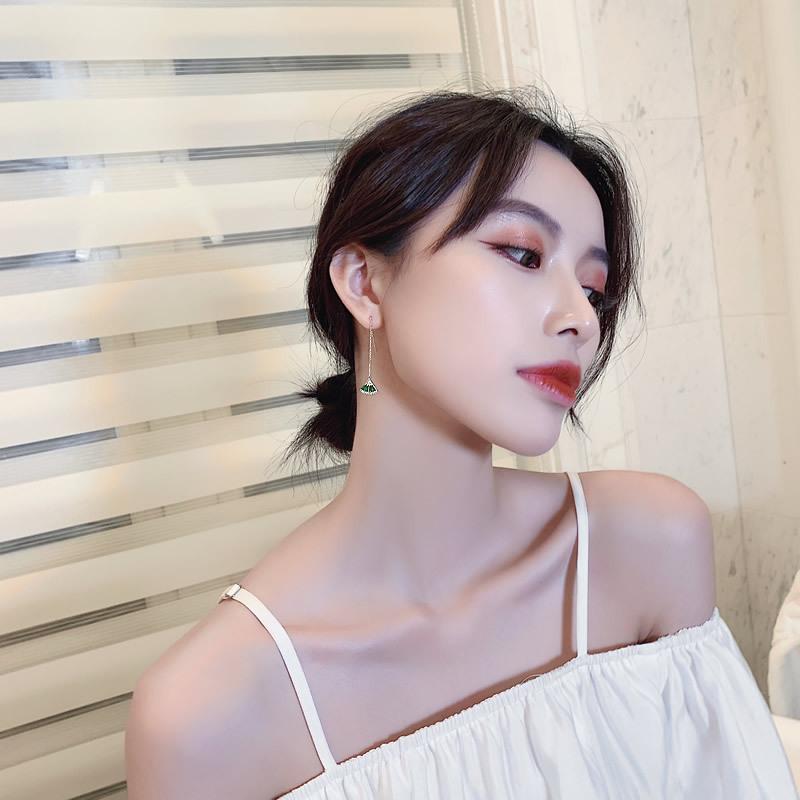 Product Introduction of Sterling Silver Needle Emerald Fan-Shaped Hanging Earrings Women's Asymmetric Earrings Temperament Korean Earrings Micro-Inlaid Craft Palace Style 5
