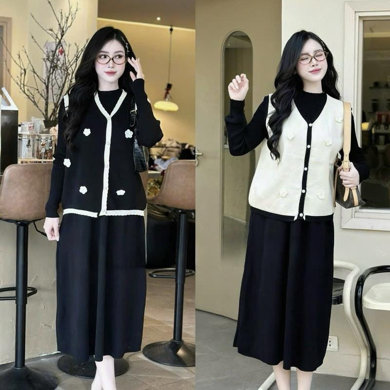  Set Váy Len Kèm Áo Gile Hoa Dành Cho Chị Bầu Freesize 45-85kg 