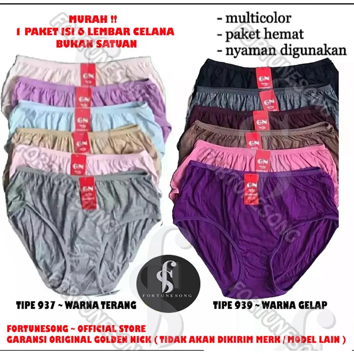 Golden Nick Original- 6 pcs Celana Dalam Wanita Termurah Warna Gelap dan Terang Art 937 / art939