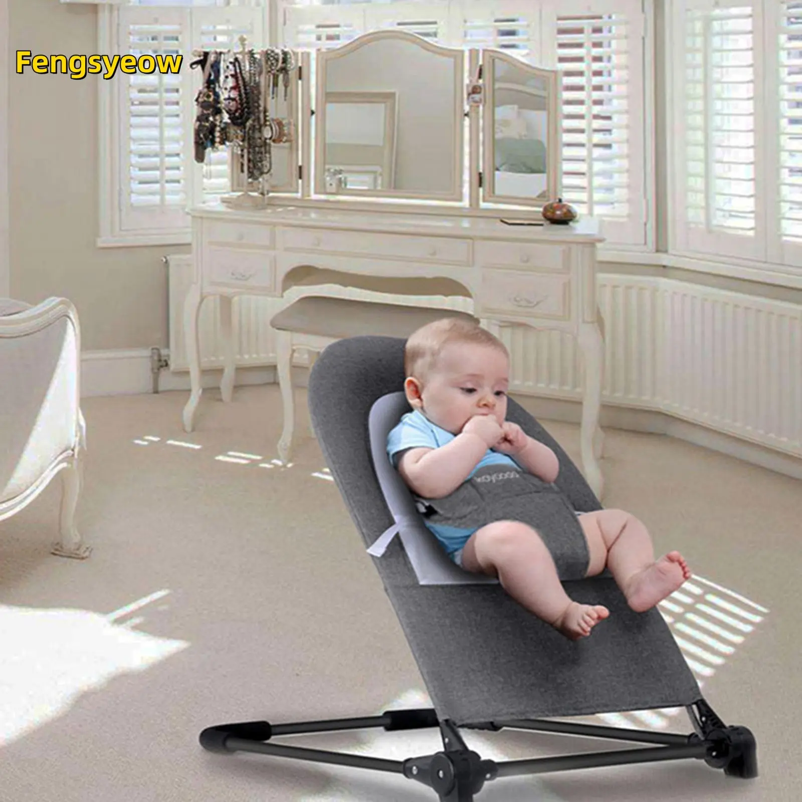 Baby Rocking Chair, Foldable Infant Rocker Adjustable Washable Bouncer Nursery Chair