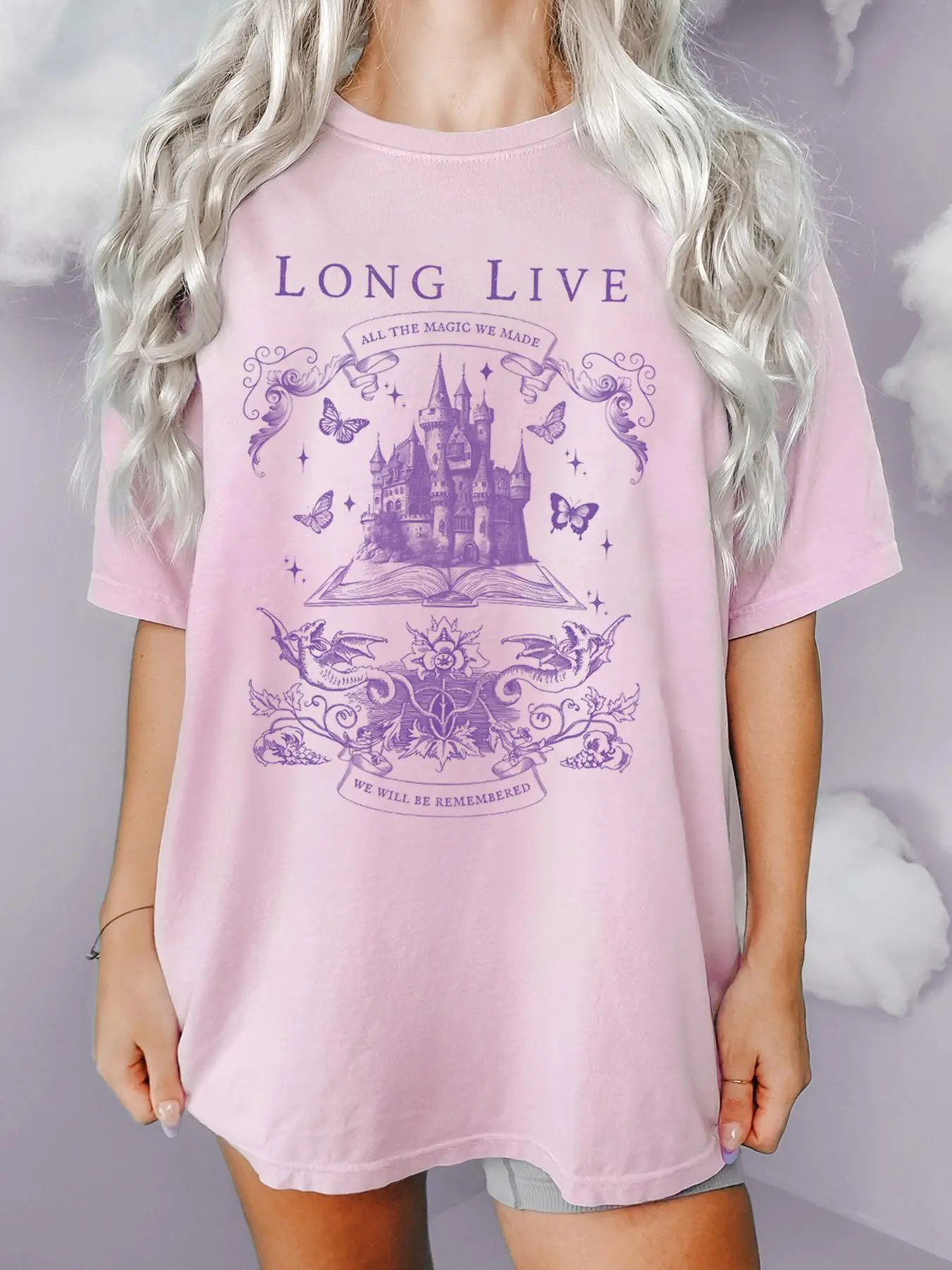 Women's Cartoon Castle & Letter Print Round Neck Tee, Trendy Casual Drop Shoulder Short Sleeve T-Shirt for Daily Wear, Ladies Summer Outfit