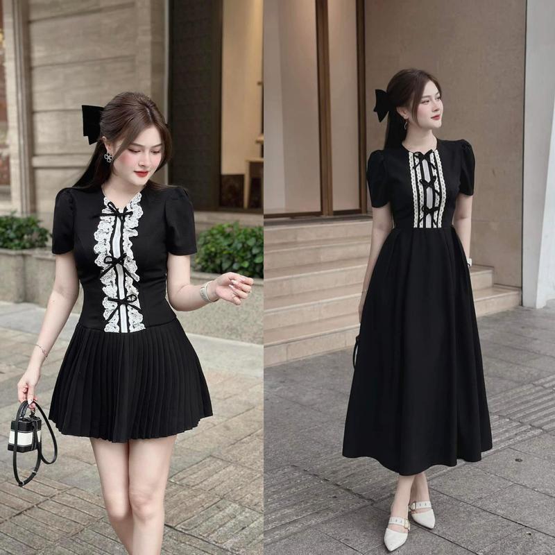 Váy tuyết mưa xếp li phối trước kèm nơ dáng ôm xinh lắm Nữ Women Kem Dress Màu Đen 0