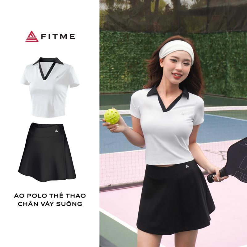 Bộ đồ chơi Pickleball, cầu lông, tennis nữ Fitme áo polo thể thao Trắng cổ Đen, chân váy suông Đen có sẵn quần bảo hộ