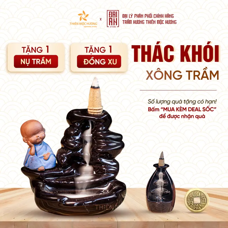 Thác khói xông nụ trầm hương Thiên Mộc Hương cao khoảng 10cm - Tiểu cảnh mini dùng xông nụ trầm khói ngược Dầu Thơm Phòng 0