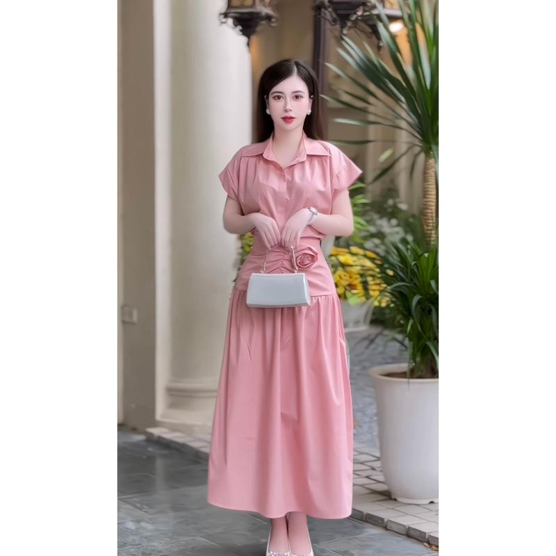 BỐNG - Set thiết kế áo somi mix chân váy dáng dài chất thô hàn kèm tag hoa Nữ Women Kem 2