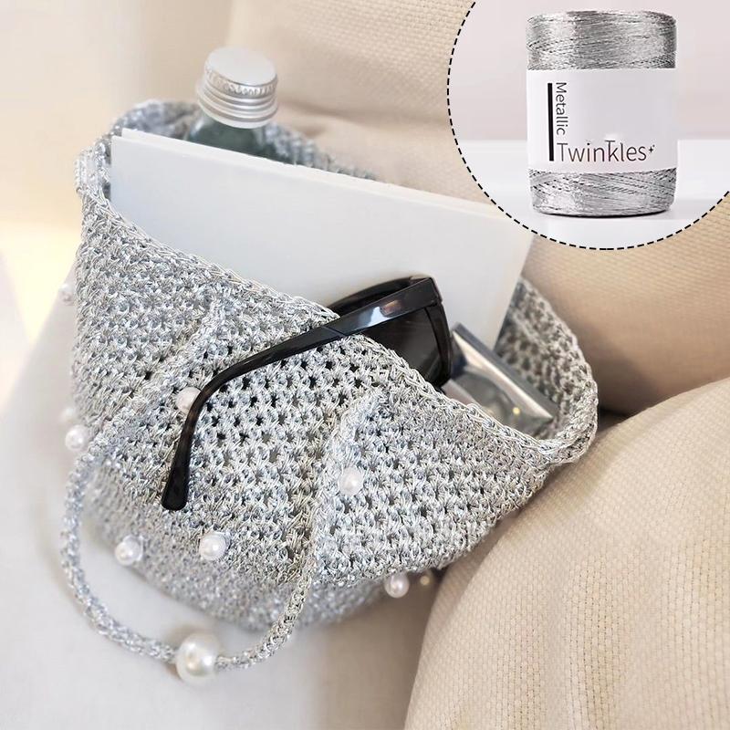 Product Introduction of New Silver Handmade Yarn Popular Same Style Woven Small Silver Bag Woven Flash Core Wire Crochet Needle 200g 1 Ball Yarn 40