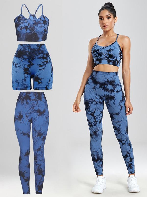 Three-piece Set Women's Tie Dye Print Tracksuit Set, Casual Sports Bra & High Waist Leggings & Biker Shorts, Ladies Sportswear for Yoga Gym Workout 3