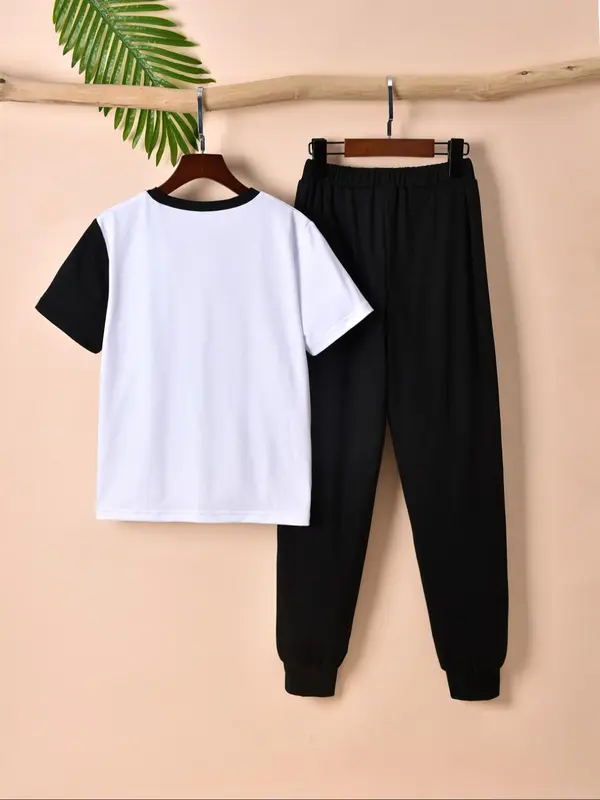 Two-piece Set Boy's Colorblock Short Sleeve Tee & Jogger Pants, Casual Round Neck T-shirt & Sweatpants for Summer, Kids Clothes for Daily Wear 1