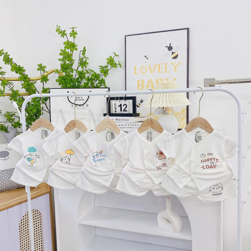 CL03-1 Set 5 bộ cộc tay thun lạnh cúc chéo cho bé sơ sinh đến 9 tháng mát mẻ