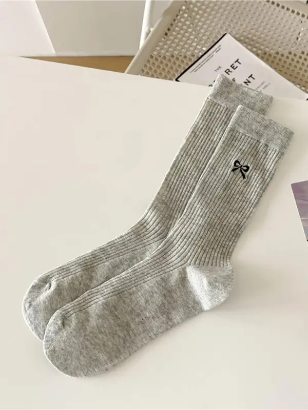 Women's Bow Embroidery Mid-calf Socks, Casual Comfortable Breathable Socks for Daily Wear, Women's Socks for All Seasons 6