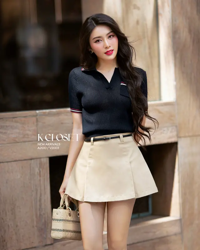 ÁO LEN CỔ BẺ 3 SỌC K CLOSET A2010 - Áo kiểu xinh style hàn 3