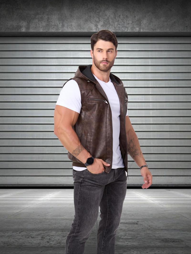 Product Introduction of Men's Solid Color PU Leather Vest Jacket, Casual Fashion Sleeveless Outerwear for Daily Outdoor Wear, Men Cloths for Fall & Winter 3