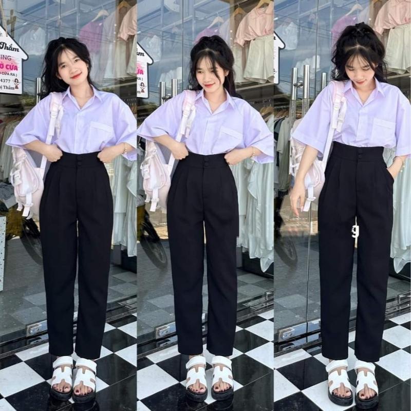 Quần Tây Baggy 2 Nút Cài Chất Liệu Tuyết Mưa Mềm Dày Dặn Cạp Cao Có Đỉa